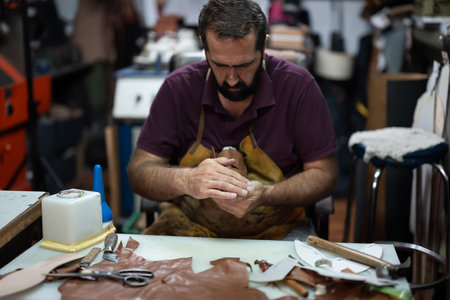 Leather artisan shapes leather at a cluttered workshop bench, focused on handcrafting a piece