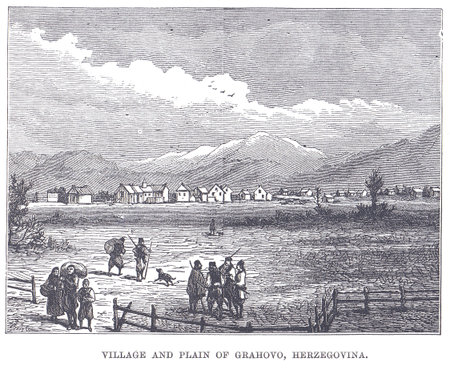 Village and plain of Grahovo in Herzegovina with mountains, river, and villagersのeditorial素材