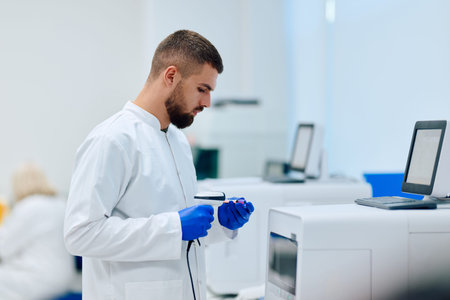 Laboratory technician conducts analysis in modern research facility during daylight hours