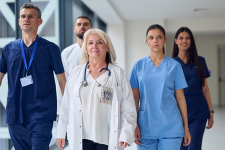 Healthcare professionals walking through a hospital corridor during a busy shiftの写真素材