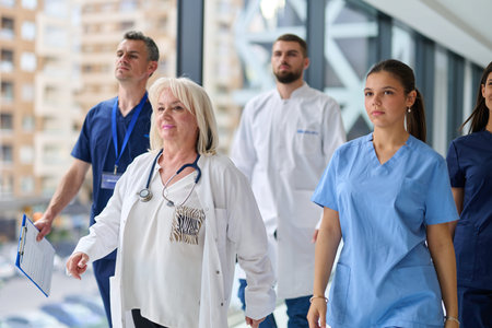 Healthcare professionals walking together in a modern hospital corridor during a busy shift in the...