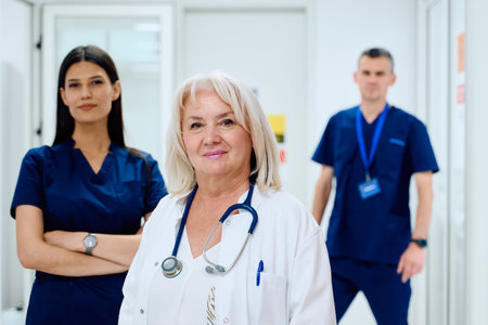 Group of healthcare professionals in a hospital corridor during a busy shiftの写真素材