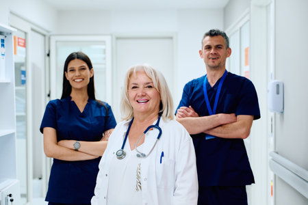 Healthcare professionals smiling together in hospital corridor during daytime shiftの写真素材