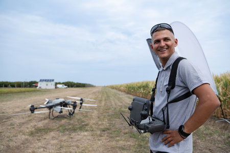 Drone pilot with controller in agricultural field beside a ground drone and cornfieldの写真素材