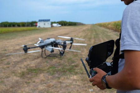 Drone Pilot With Remote Controller Over A Dry Field Ready for Aerial Survey