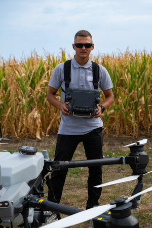 Drone pilot standing in a cornfield holding a controller for agricultural drone operationsの写真素材
