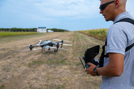 Drone pilot operates handheld controller in open field with drone ready to flyの写真素材