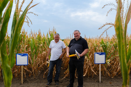 Two men stand in a cornfield holding corn under a blue sky, posing for a rural farming scene
