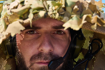 Close-Up Portrait Of A Focused Soldier Wearing Camouflage Ghillie Hood And Tactical Headset