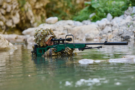 Camouflaged Sniper Soldier In Water With Scoped Rifle And Suppressor During Reconnaissance Operation