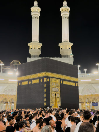 Pilgrims gathered around the Kaaba at Masjid al-Haram in Mecca during nighttime worship