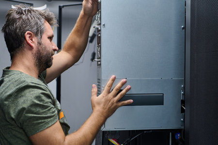 Data center technician installing a server module in a network rack during hardware maintenance