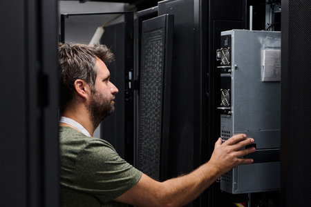 Data center technician performing server maintenance in a rack-filled server room