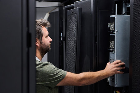 It technician performing server maintenance in a data center server rack with focused attention