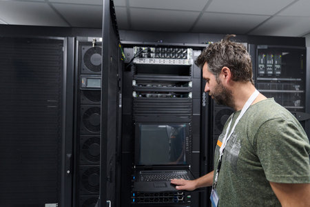 IT technician checking server rack console in a data center, focused on maintenance and monitoring