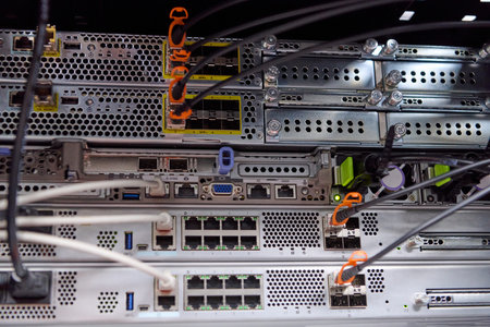Server rack with network switches and connected fiber and ethernet cables in a data center hardware...