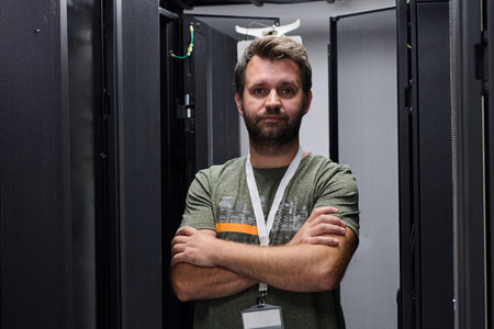 Confident data center technician standing with arms crossed between server racks in a modern IT room
