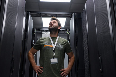 IT technician inspecting server racks in a data center under bright overhead lights