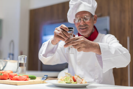 Middle Eastern chef seasoning salad for Ramadan iftar dinner in a modern home kitchen
