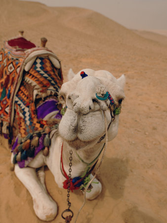 Close up of a decorated white camel with ornate colorful saddle blanket resting on desert sand and looking curiously at the camera ideal for MENA