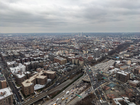 Aerial view of Queens, New York City on cloudy dayの写真素材