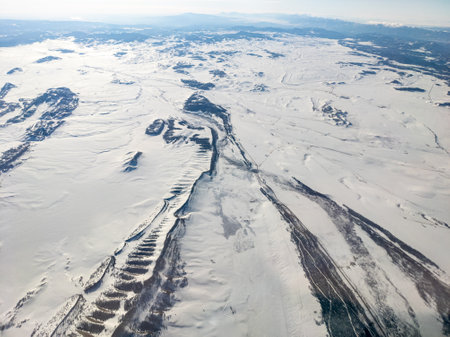 Aerial view of snowy landscape in Coloradoの写真素材
