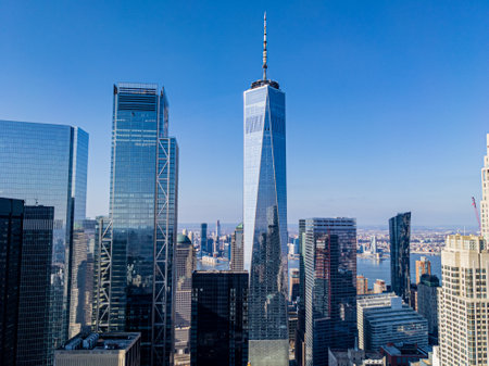 Elevated view of One World Trade Center and other skyscrapers in Financial District, Manhattan, New York Cityのeditorial素材