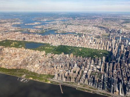 Aerial cityscape of Central Park in Manhattan, New York City, facing eastの写真素材
