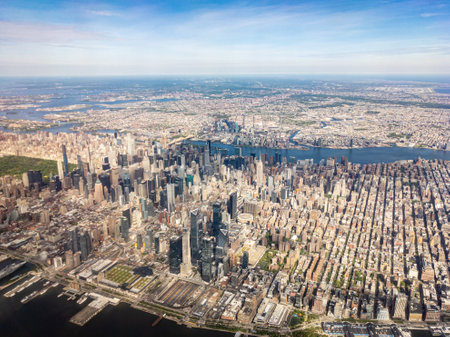 Aerial cityscape of skyscrapers in Midtown Manhattan, New York City, facing eastの写真素材