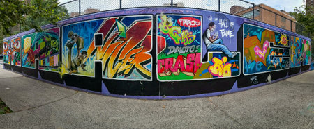Panoramic view of Harlem Hall of Fame graffiti art in Harlem, New York Cityのeditorial素材