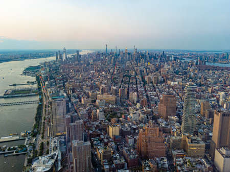 Aerial view of Manhattan New York City cityscape before sunset, view from One World Trade Center facing northのeditorial素材
