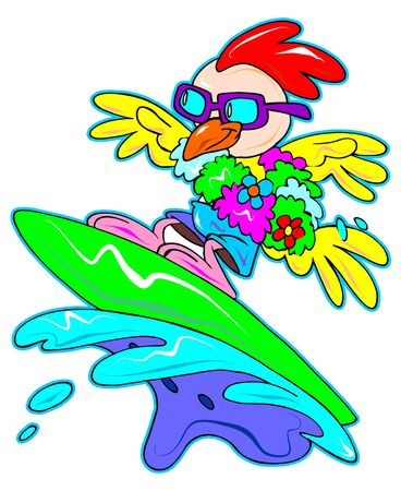 a digitally illustrated cute and colorful surfing chickenのイラスト素材