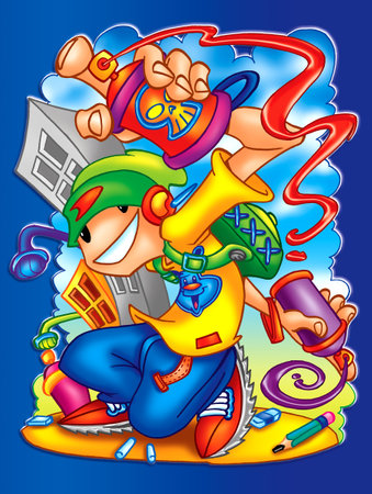 Cartoon illustration of a boy playing in front of a buildingの写真素材