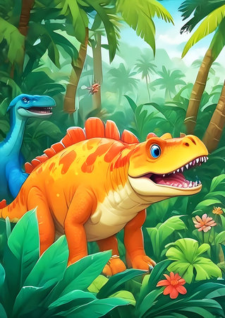 Cartoon dinosaur in the jungle with palm trees and flowers - illustration for childrenの素材
