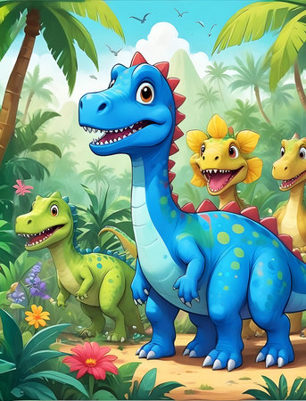 cartoon scene with dinosaurs in the jungle - illustration for the childrenの素材