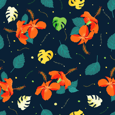 Blossoming flores petal hibiscus rosa sinensis decorative artwork motif for home interior design, upholstery, creative prints, frame canvas etc. Vector allover continuous pattern background.のイラスト素材