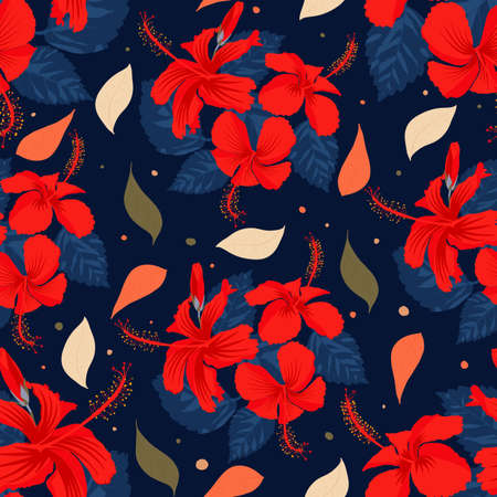 Seamless repetitive tile flowering china rose artwork surface pattern design for upholstery like curtain, bedspread, bolster, throw pillow etc. Adorned many coloured full drop botanical floral art.のイラスト素材