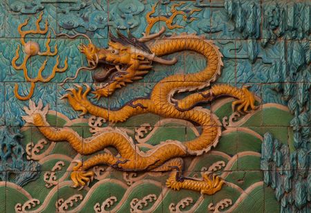 Chinese wall tile dragon close up Beijingの写真素材
