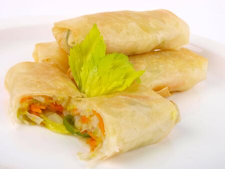 Chinese spring roll. Close up on white background の写真素材