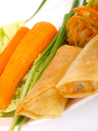 Chinese spring roll. Close up on white backgroundの写真素材