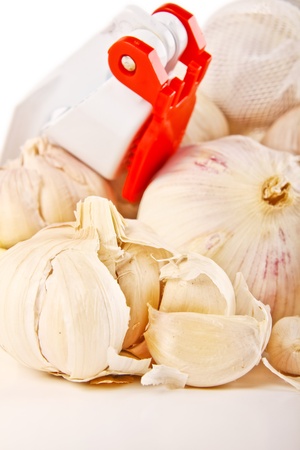 Garlic. Close up on white backgroundの写真素材