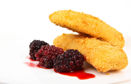 deep fried banana. Close up on white backgroundの写真素材