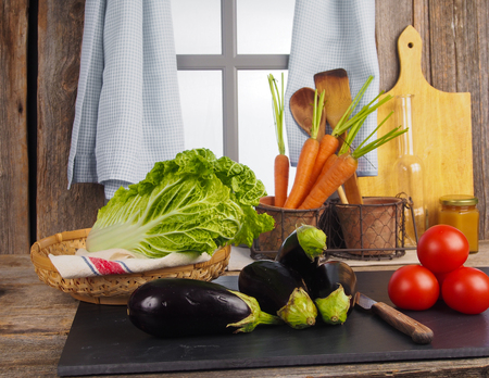 Eggplant and tomatoesの写真素材