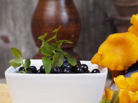 Fresh blueberries with chanterelles in backgroundの写真素材