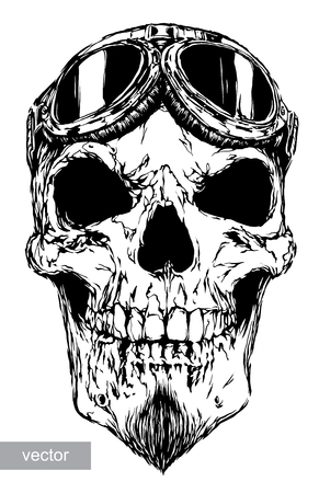 engrave isolated skull with beard on glasses pilot vector illustration sketch. linear artのイラスト素材