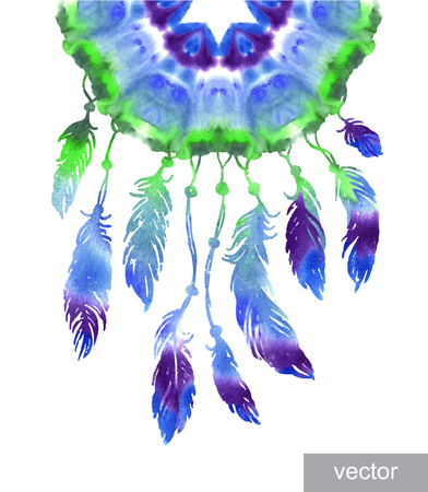 Watercolor hand drawn Dreamcatcher with bird feathers. Ethnic style. Vectorのイラスト素材