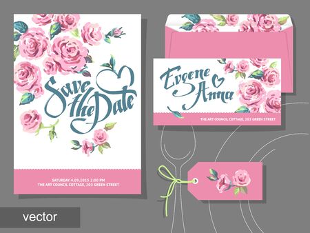 Vector set of invitation cards with illustration of flowers, roses, leaf. Wedding collection. Design invitation templates. Vector illustrationのイラスト素材