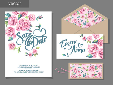 Vector set of invitation cards with illustration of flowers, roses, leaf. Wedding collection. Design invitation templates. Vector illustrationのイラスト素材