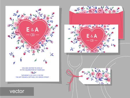 Vector set of invitation cards with illustration of flowers, roses, leaf. Wedding collection. Design invitation templates. Vector illustrationのイラスト素材
