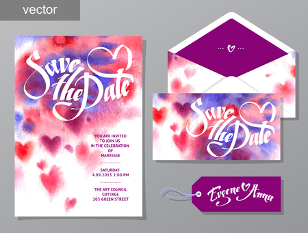 Vector set of invitation cards with watercolor elements, hearts.Watercolor wedding collection. Design invitation templates. Save the date calligraphy. Vector illustrationのイラスト素材